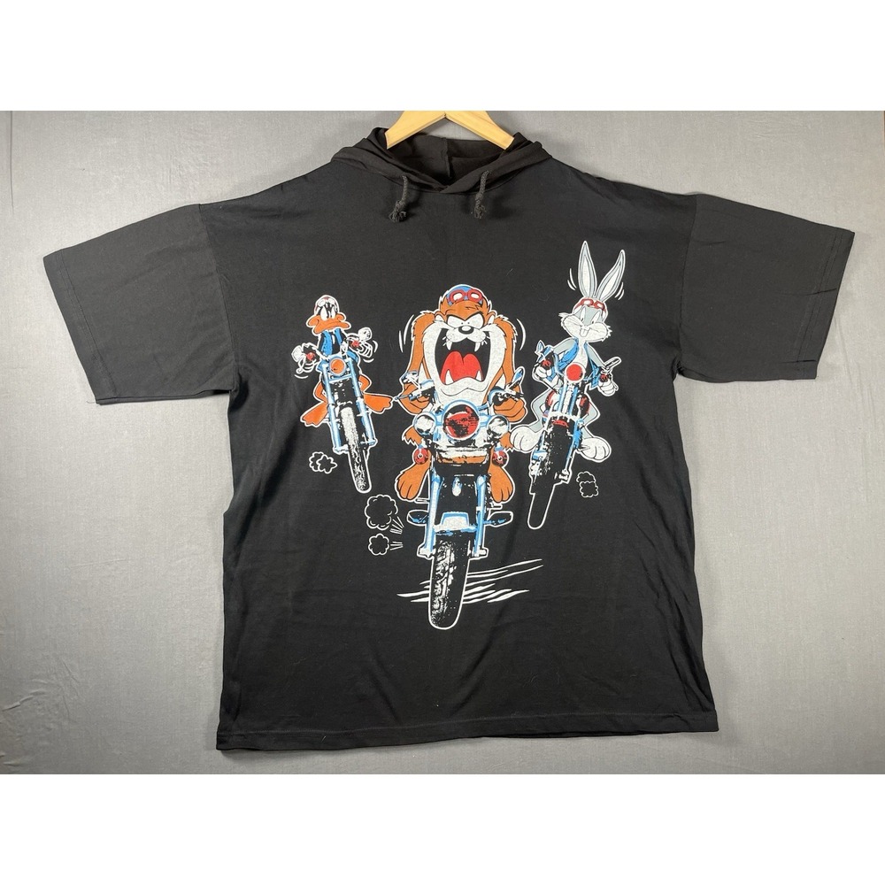 Vintage 1993 Looney Tunes T-shirt 3/4 Sleeve Hood Print Motorcycle Size XL